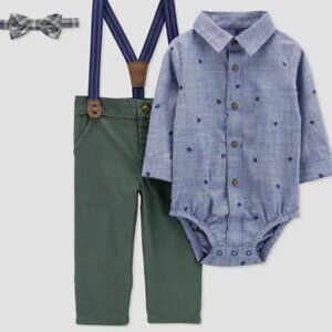 NWT Carter’s Baby Boy Outfit 12M Chambray Shirt, Green Pants, Suspenders Bow Tie
